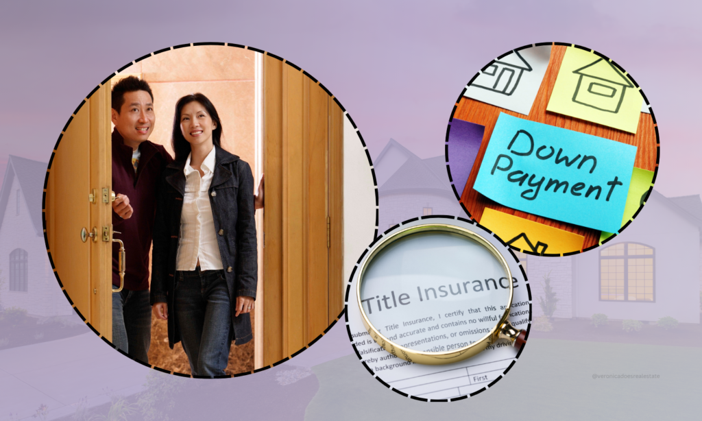 3 circles containing different images: Couple opening door, Sticky notes with houses drawn on them with the main one saying "down payment," and a photo of a Title Insurance document  with a magnifying glass over the words.